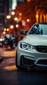 White sports sedan idles on wet city street under bokeh lights