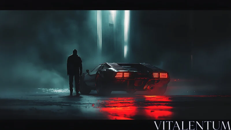 Lone driver confronts neon haze beside retro cyber car.