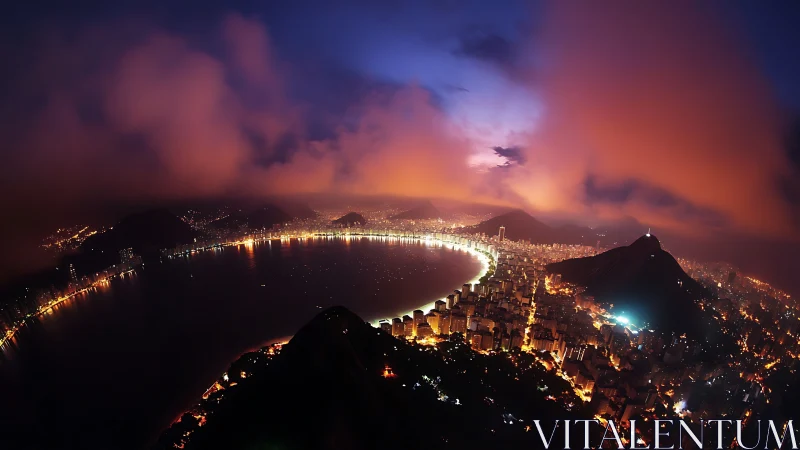 Glowing coastal city curls gently beneath a dreamy dusk sky