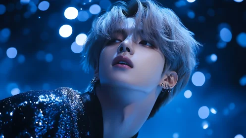 Iridescent portrait under cinematic blue bokeh lighting.