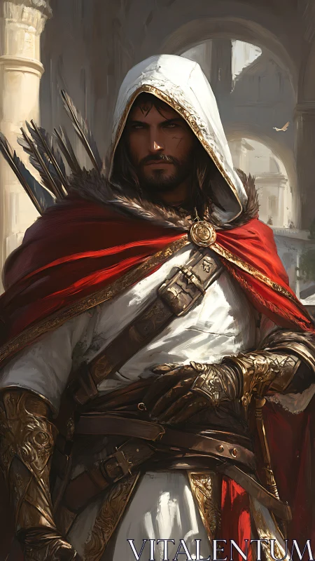Hooded medieval assassin in ornate armor dominates sunlit archway