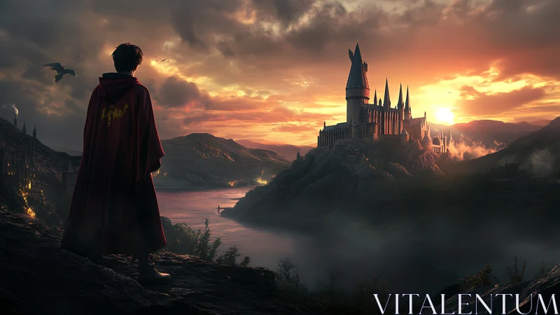 Cloaked apprentice greets sunset over mist-veiled magic citadel.