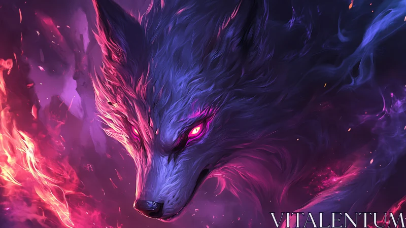 Mythic neon wolf head in swirling magenta firestorm.