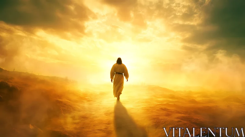 Desert horizon blazes while lone robed traveler meets light