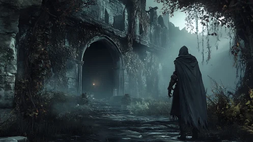 Cloaked wanderer breaching fog-drowned ruined stronghold.