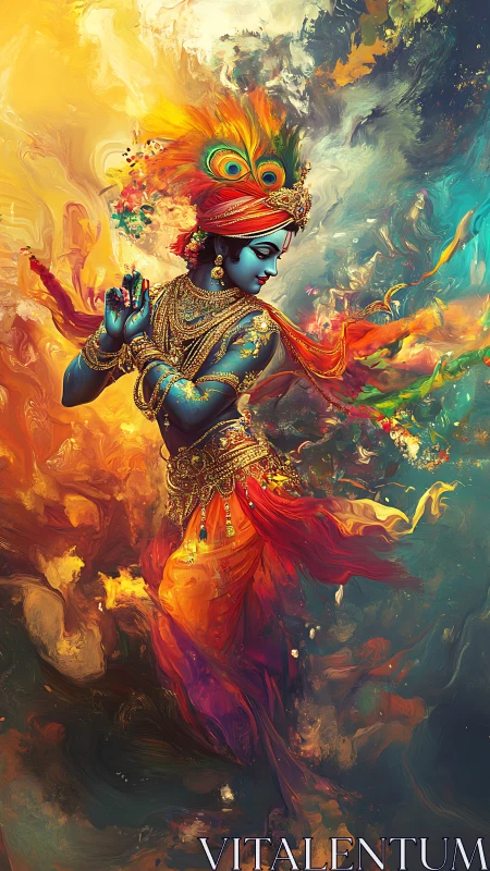 Divine blue dancer emerges from swirling chromatic vortex