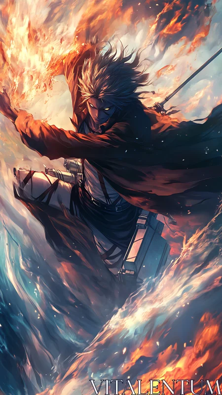 Dynamic anime swordsman amid dual fire and water vortexes.
