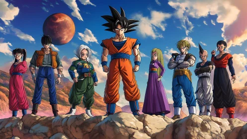 Heroic anime team on rocky ridge under crimson planet.