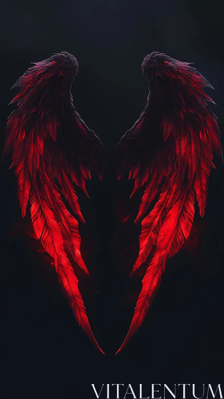 Crimson angel wings burn against deep shadowed void.