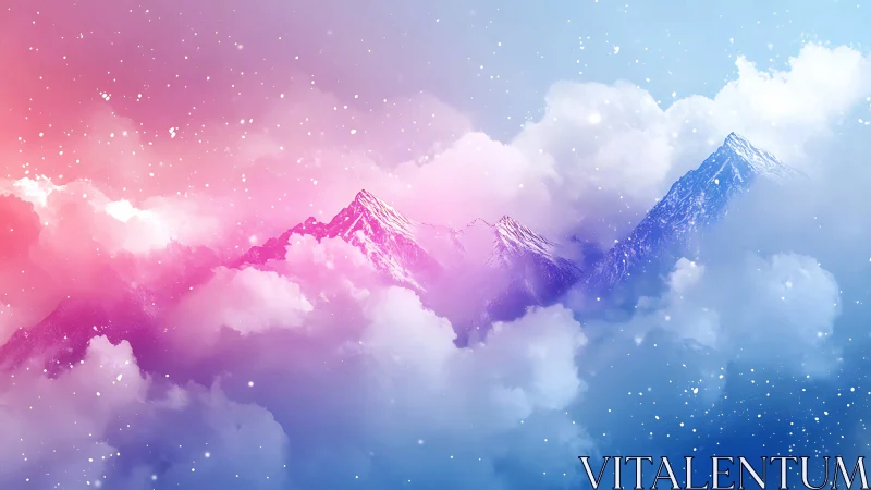 Snowy mountain peaks rise through dense pastel clouds
