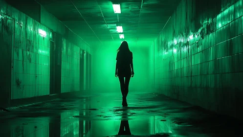 Silhouetted figure walking through green lit tunnel corridor.