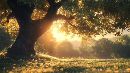 Golden sunrise light through old oak tree in meadow.
