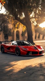 Red mid‑engine sports car parked on sunlit residential street.