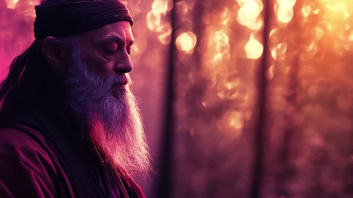 Digital portrait of meditative elder in bokeh forest light.