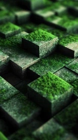 Moss-covered geometric blocks rise in a layered green maze.