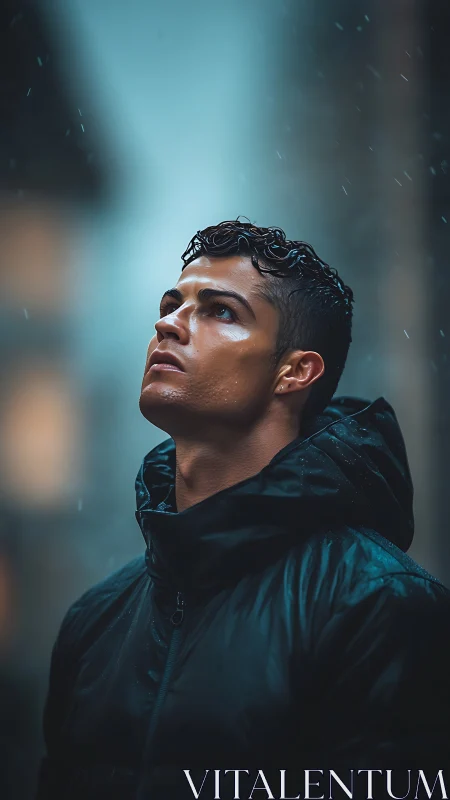 Cinematic medium-close portrait in rain with teal-orange bokeh