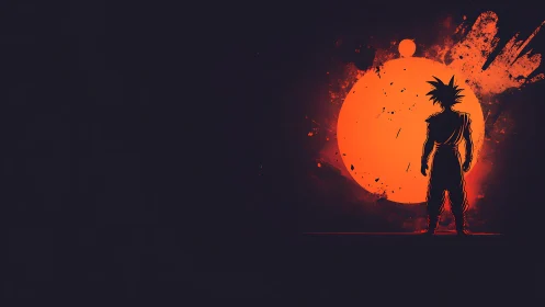 Starlit warrior silhouette before an erupting crimson sun.