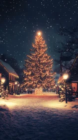 Snowy town square with luminous Christmas tree centerpiece.