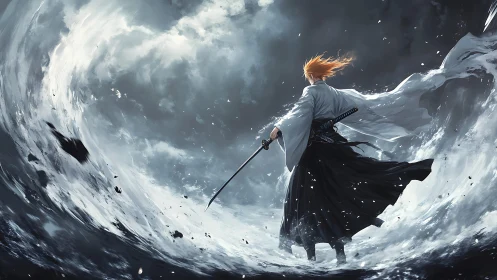 Storm-wreathed swordsman carving a path through roaring skies.