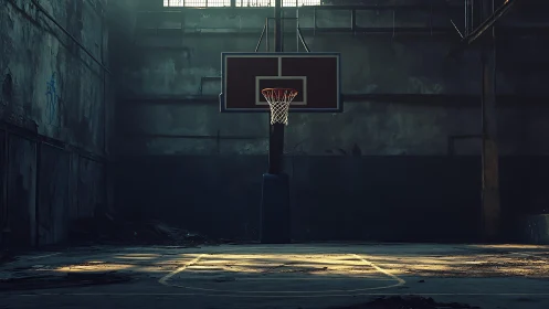 Abandoned indoor court with centered hoop in raking low sunlight