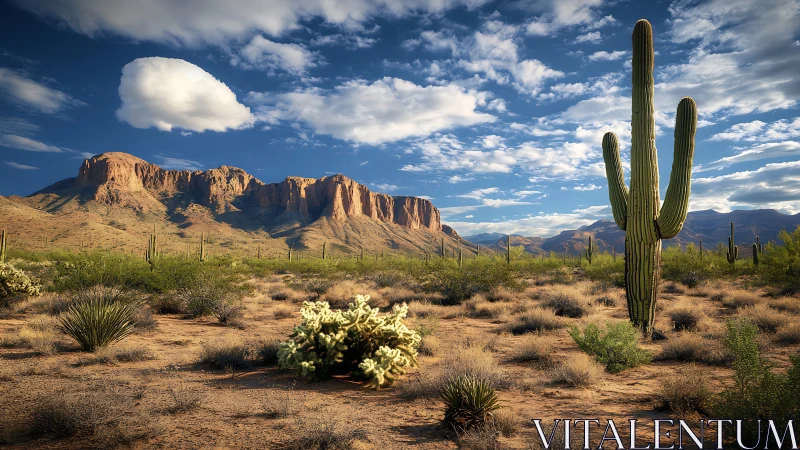 Desert landscape shows tall saguaro cactus and distant cliffs