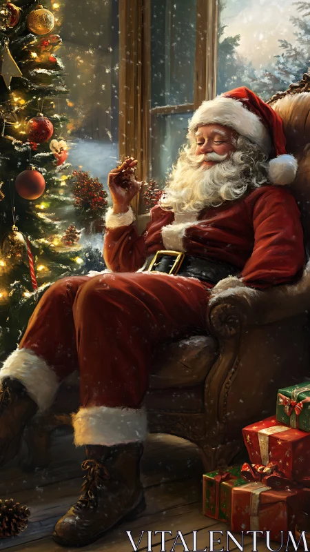 Santa Claus rests in armchair beside lit Christmas tree