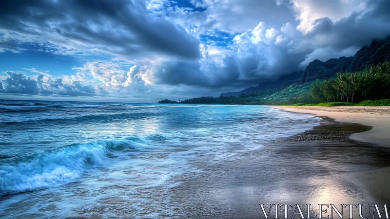 High-dynamic-range coastal seascape with storm-lit shoreline