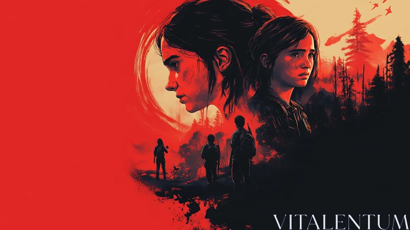 Post-apocalyptic forest scene with dual female portraits.