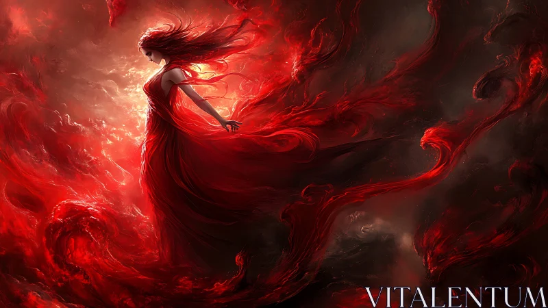 Crimson storm goddess leans into swirling cosmic flame
