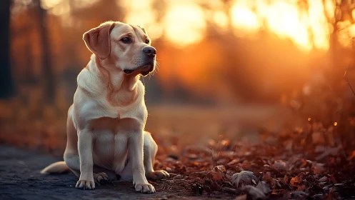 Golden hour Labrador portrait in warm autumn forest light.