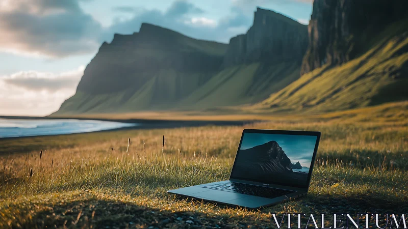 Laptop in Icelandic Wilderness with Mountain Backdrop.