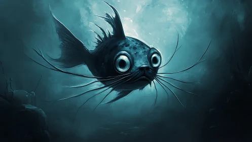 Surreal deep sea fish with whiskers in blue abyss.