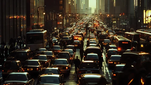 Rush hour traffic floods a glowing city avenue at dusk.