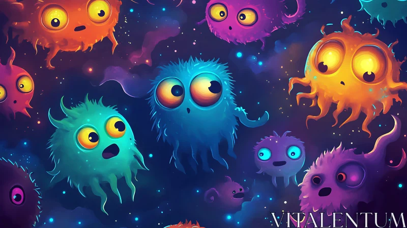 Luminescent fuzzy space creatures in vibrant nebula field.