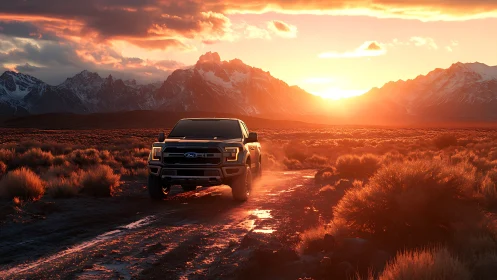 Pickup truck on rugged dirt road at vivid mountain sunset.