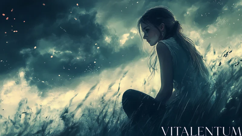 Solitary girl contemplates stormy skies in moody twilight