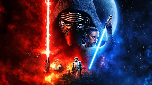 Dual-color sci-fi key art contrasts opposing forces in deep space