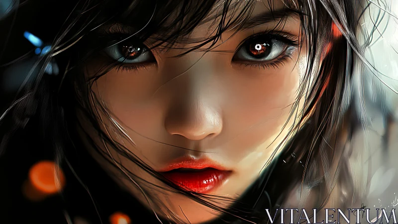 Luminous girl&rsquo;s gaze glowing softly in a rainlit night.