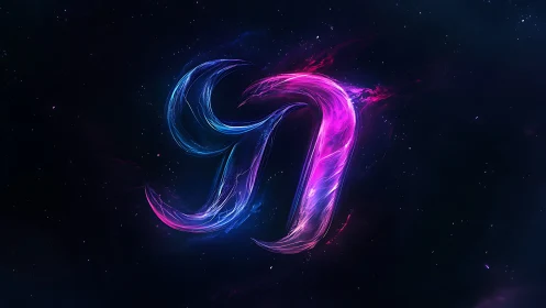 Neon cosmic glyph glows in swirling blue and pink light.
