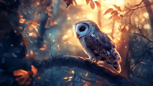 Majestic owl perched on branch in glowing autumn forest, digital art.