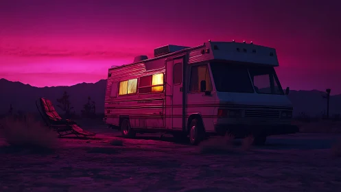 Desert RV under neon magenta dusk with cinematic rim light.