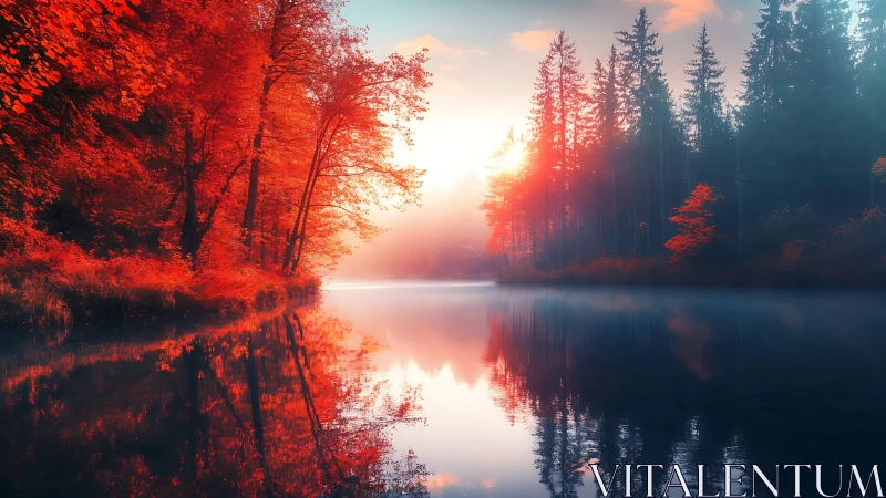 Crimson autumn forest mirrors across misty sunrise lake.