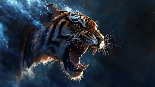 Roaring Bengal tiger materializing through swirling blue mist