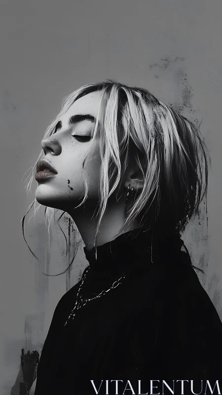 Monochrome portrait of pensive woman in soft side light.