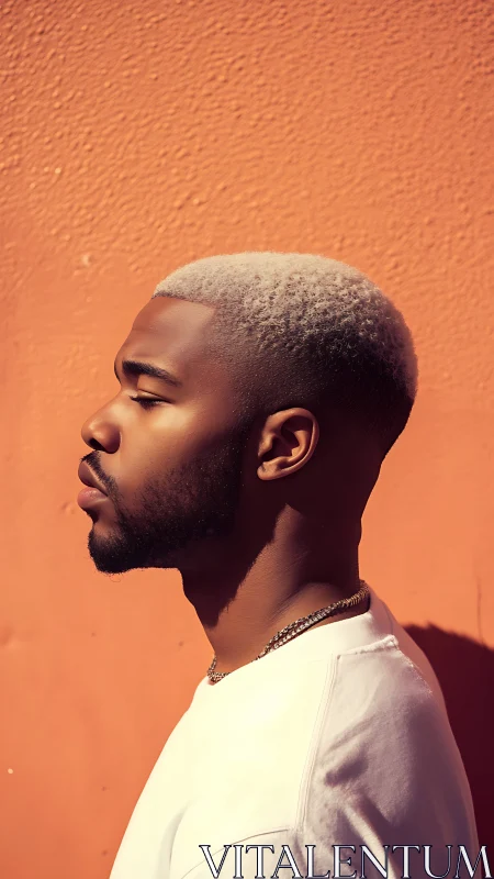 Profile portrait against warm textured orange wall.