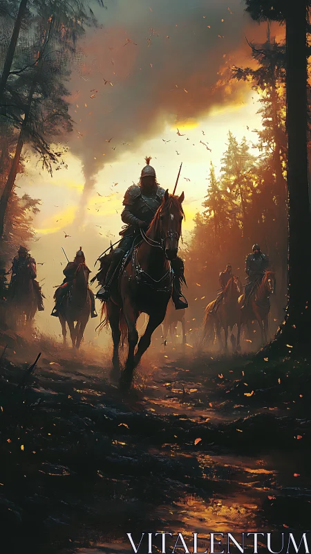 Armored riders emerge from a burning forest at dusk