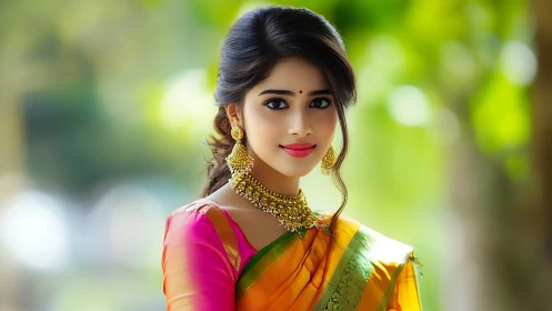 Woman wearing colorful silk saree and gold jewelry outdoors