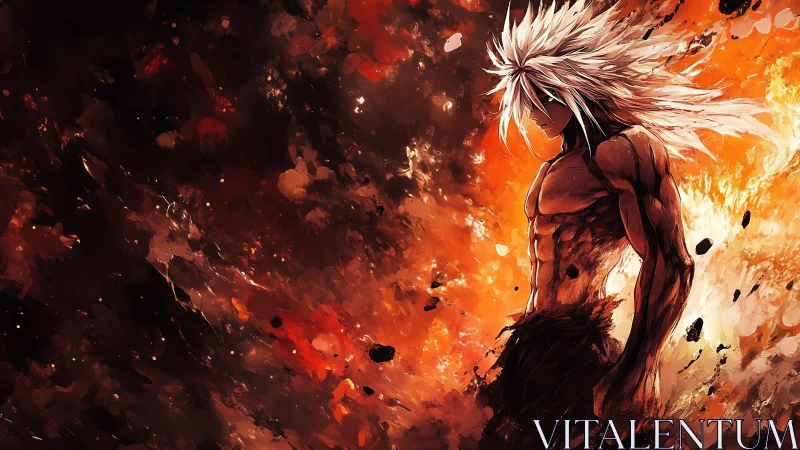 Volcanic anime warrior silhouette amid explosive fiery vortex