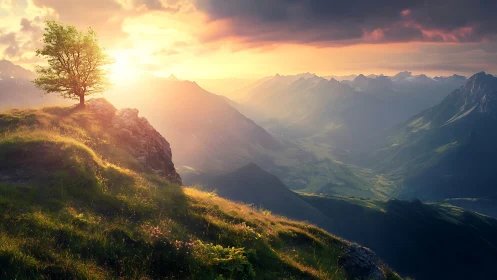 Lone hilltop tree greeting a molten sunrise above valleys.