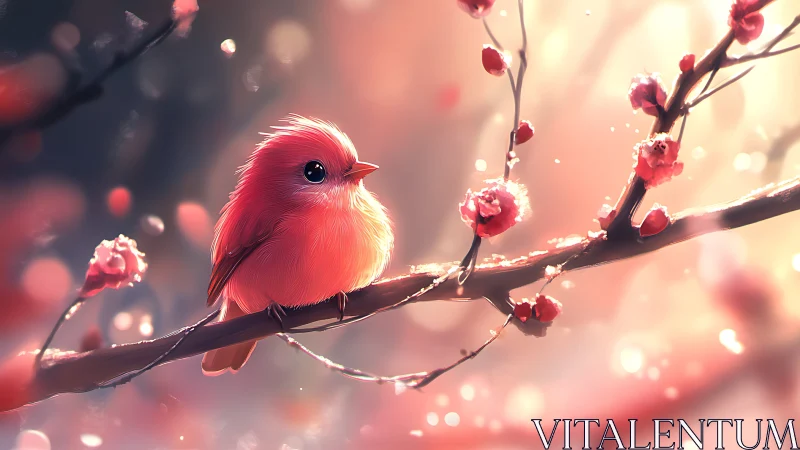 Blush-feathered songbird glowing amid dreamy spring petals.